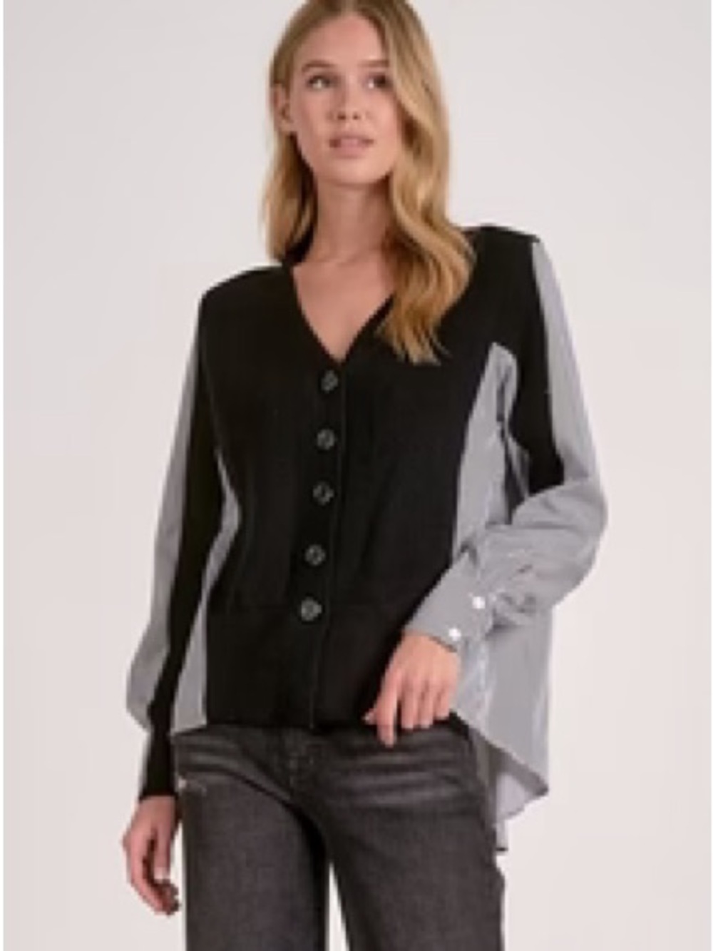 Elan Black Front with Light Gray Shirt-Sleeve Button-Down Top